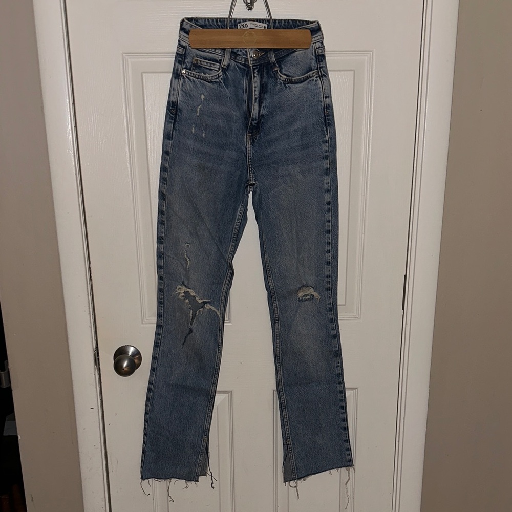 Zara Blue Distressed Straight Leg Jeans